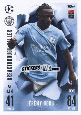Sticker Jeremy Doku - UEFA Champions League & Europa League 2023-2024. Match Attax Extra
 n. 217 - Topps