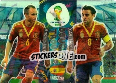 Sticker Xavi Hernández / Andrés Iniesta - FIFA World Cup Brazil 2014. Adrenalyn XL n. 414 - Panini