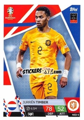 Sticker Jurriën Timber - UEFA Euro 2024. Match Attax
 n. NED5 - Topps
