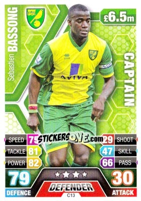 Sticker Sébastien Bassong - English Premier League 2013-2014. Match Attax Extra n. C13 - Topps