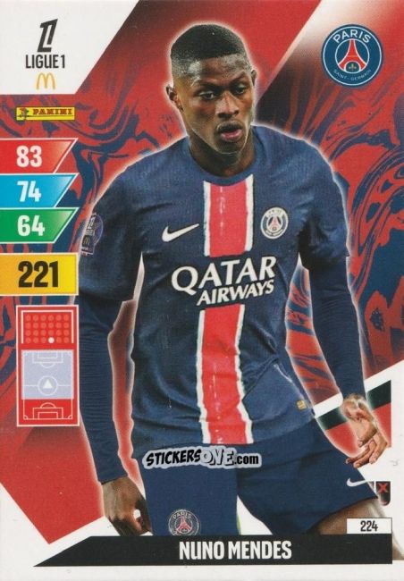 Cromo Nuno Mendes - Ligue 1 2024-2025. Adrenalyn XL n. 224 - Panini