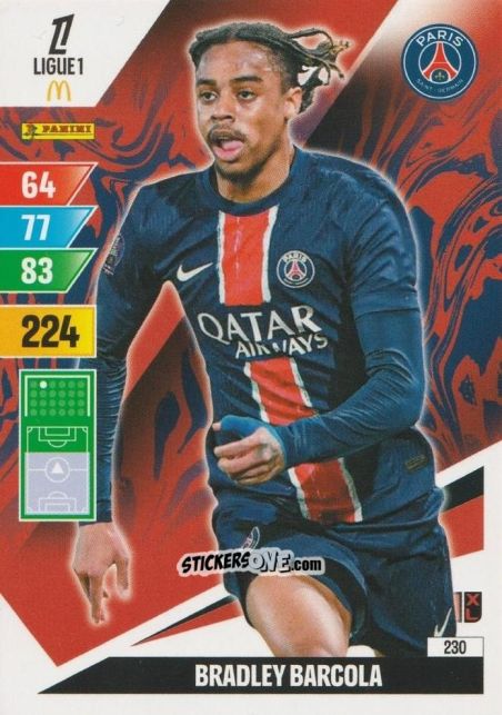 Cromo Bradley Barcola - Ligue 1 2024-2025. Adrenalyn XL n. 230 - Panini