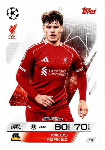 Cromo Milos Kerkez - UEFA Champions League & Europa League 2025-2026. Match Attax
 n. 16 - Topps