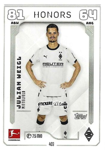 Figurina Julian Weigl - German Fussball Bundesliga 2025-2026. Match Attax n. 403 - Topps