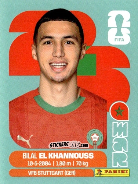Figurina Bilal El Khannouss - Fifa World Cup 2026. Standard Edition n. MAR14 - Panini