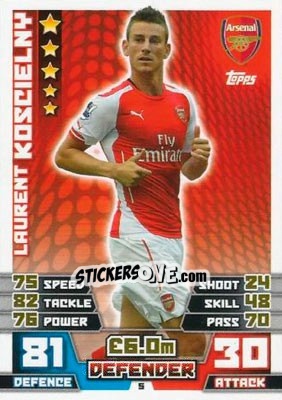 Sticker Laurent Koscielny - English Premier League 2014-2015. Match Attax n. 5 - Topps