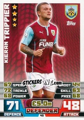 Sticker Kieran Trippier - English Premier League 2014-2015. Match Attax n. 40 - Topps