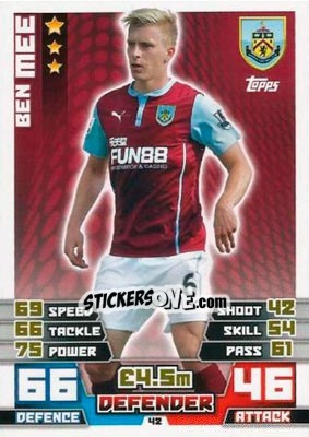Sticker Ben Mee - English Premier League 2014-2015. Match Attax n. 42 - Topps