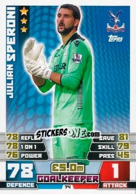 Cromo Julian Speroni - English Premier League 2014-2015. Match Attax n. 74 - Topps