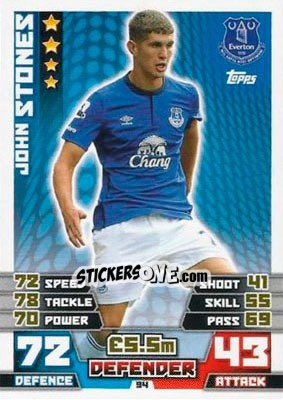 Sticker John Stones - English Premier League 2014-2015. Match Attax n. 94 - Topps
