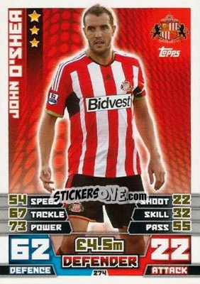 Sticker John O'Shea - English Premier League 2014-2015. Match Attax n. 274 - Topps