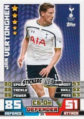Sticker Jan Vertonghen - English Premier League 2014-2015. Match Attax n. 311 - Topps