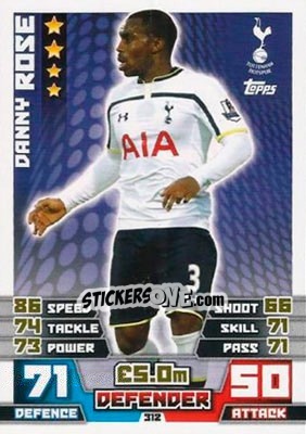 Sticker Danny Rose - English Premier League 2014-2015. Match Attax n. 312 - Topps