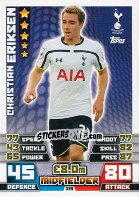 Sticker Christian Eriksen - English Premier League 2014-2015. Match Attax n. 319 - Topps