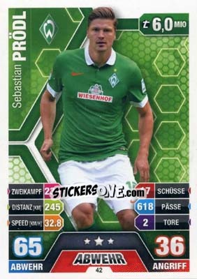 Sticker Sebastian Prödl - German Fussball Bundesliga 2014-2015. Match Attax - Topps