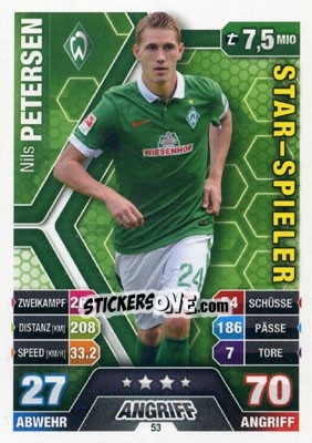 Sticker Nils Petersen - German Fussball Bundesliga 2014-2015. Match Attax n. 53 - Topps