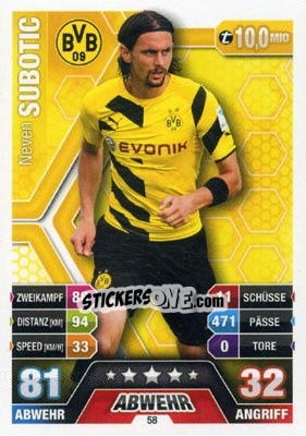 Sticker Neven Subotic - German Fussball Bundesliga 2014-2015. Match Attax n. 58 - Topps