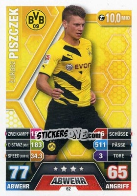 Sticker Lukasz Piszczek - German Fussball Bundesliga 2014-2015. Match Attax n. 62 - Topps