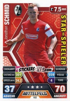 Sticker Jonathan Schmid - German Fussball Bundesliga 2014-2015. Match Attax n. 102 - Topps