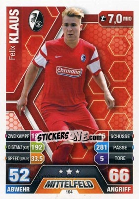 Cromo Felix Klaus - German Fussball Bundesliga 2014-2015. Match Attax - Topps