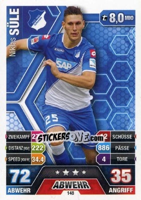 Sticker Niklas Süle - German Fussball Bundesliga 2014-2015. Match Attax n. 148 - Topps