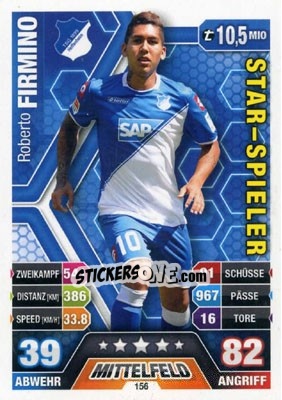 Sticker Roberto Firmino - German Fussball Bundesliga 2014-2015. Match Attax n. 156 - Topps
