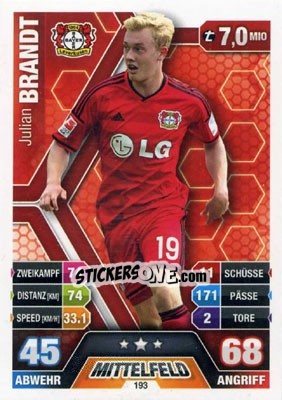 Sticker Julian Brandt - German Fussball Bundesliga 2014-2015. Match Attax n. 193 - Topps