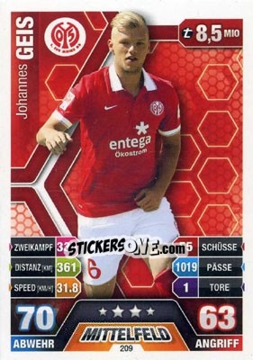 Sticker Johannes Geis - German Fussball Bundesliga 2014-2015. Match Attax n. 209 - Topps