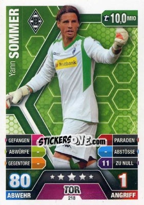 Sticker Yann Sommer - German Fussball Bundesliga 2014-2015. Match Attax n. 218 - Topps