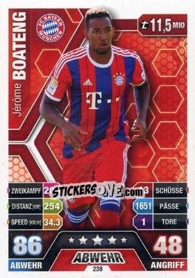 Sticker Jérôme Boateng - German Fussball Bundesliga 2014-2015. Match Attax n. 238 - Topps