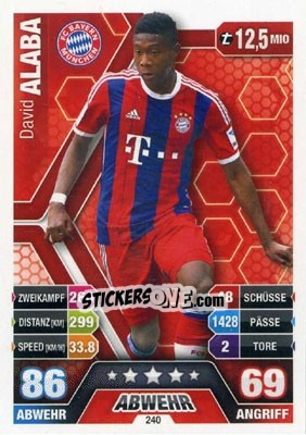 Sticker David Alaba - German Fussball Bundesliga 2014-2015. Match Attax n. 240 - Topps