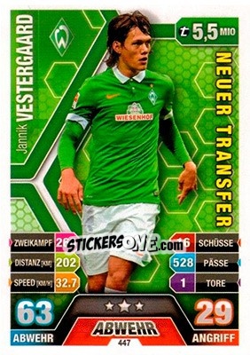 Sticker Jannik Vestergaard - German Fussball Bundesliga 2014-2015. Match Attax n. 447 - Topps