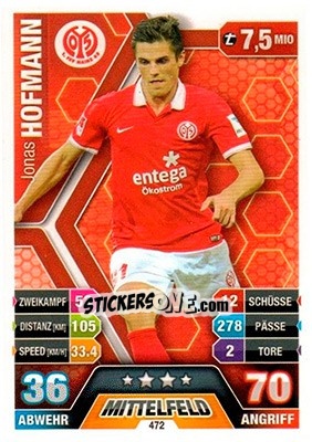 Sticker Jonas Hofmann - German Fussball Bundesliga 2014-2015. Match Attax n. 472 - Topps