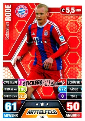 Sticker Sebastian Rode - German Fussball Bundesliga 2014-2015. Match Attax n. 480 - Topps