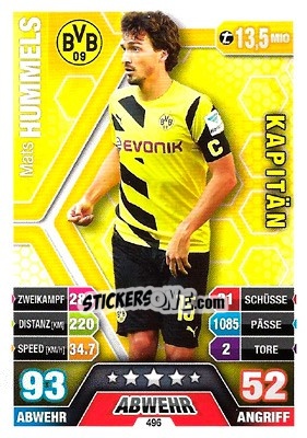 Sticker Mats Hummels - German Fussball Bundesliga 2014-2015. Match Attax n. 496 - Topps
