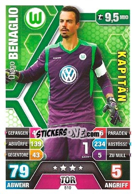 Sticker Diego Benaglio - German Fussball Bundesliga 2014-2015. Match Attax n. 510 - Topps