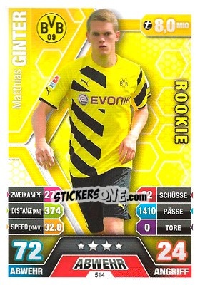 Sticker Matthias Ginter - German Fussball Bundesliga 2014-2015. Match Attax n. 514 - Topps