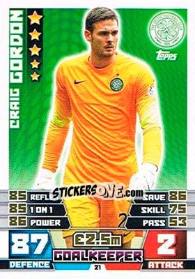 Sticker Craig Gordon - SPFL 2014-2015. Match Attax n. 21 - Topps