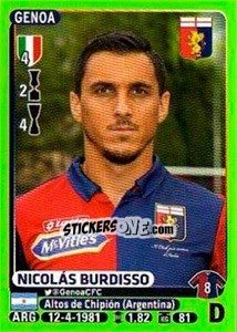 Cromo Nicolás Burdisso - Calciatori 2014-2015 - Panini