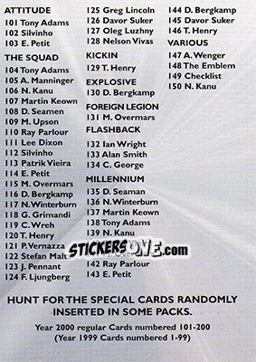 Figurina Checklist - Arsenal Fans' Selection 2000 - Futera