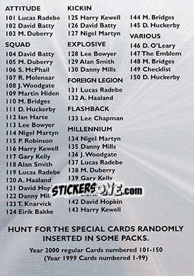 Sticker Checklist - Leeds United Fans' Selection 2000 - Futera