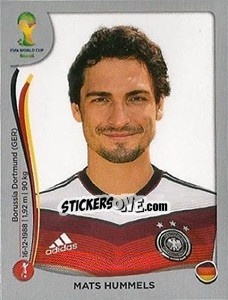 Sticker Mats Hummels - FIFA World Cup Brazil 2014. Platinum edition n. 494 - Panini