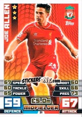 Sticker Joe Allen - English Premier League 2014-2015. Match Attax Extra n. 31 - Topps