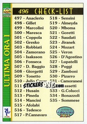 Cromo Check List - Calcio 2000-2001 - Mundicromo