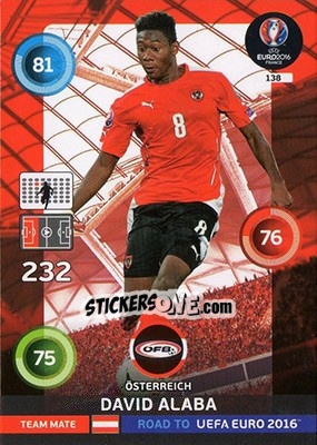 Sticker David Alaba - Road to UEFA EURO 2016. Adrenalyn XL n. 138 - Panini