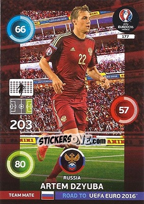 Sticker Artem Dzyuba - Road to UEFA EURO 2016. Adrenalyn XL n. 177 - Panini