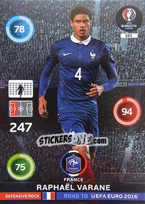 Sticker Raphaël Varane - Road to UEFA EURO 2016. Adrenalyn XL n. 321 - Panini