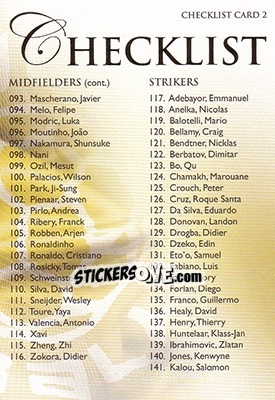 Sticker Checklist card 2 - World Football UNIQUE 2011 n. 199 - Futera