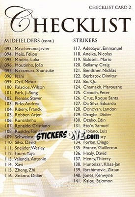 Sticker Checklist card 2 - World Football UNIQUE 2011 - Futera