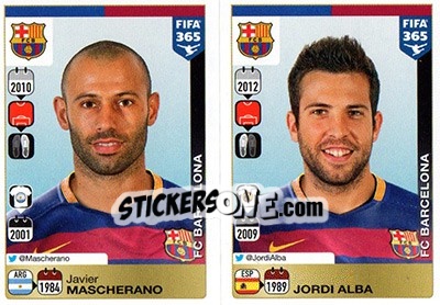 Sticker Javier Mascherano / Jordi Alba - FIFA 365: 2015-2016 n. 346-347 - Panini